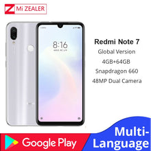 Load image into Gallery viewer, Global Version White Xiaomi Redmi Note 7 4GB RAM 64GB ROM 5V 2A QC charge Mobile Phone Snapdragon 660 4000mah 48MP Xiomi Camera
